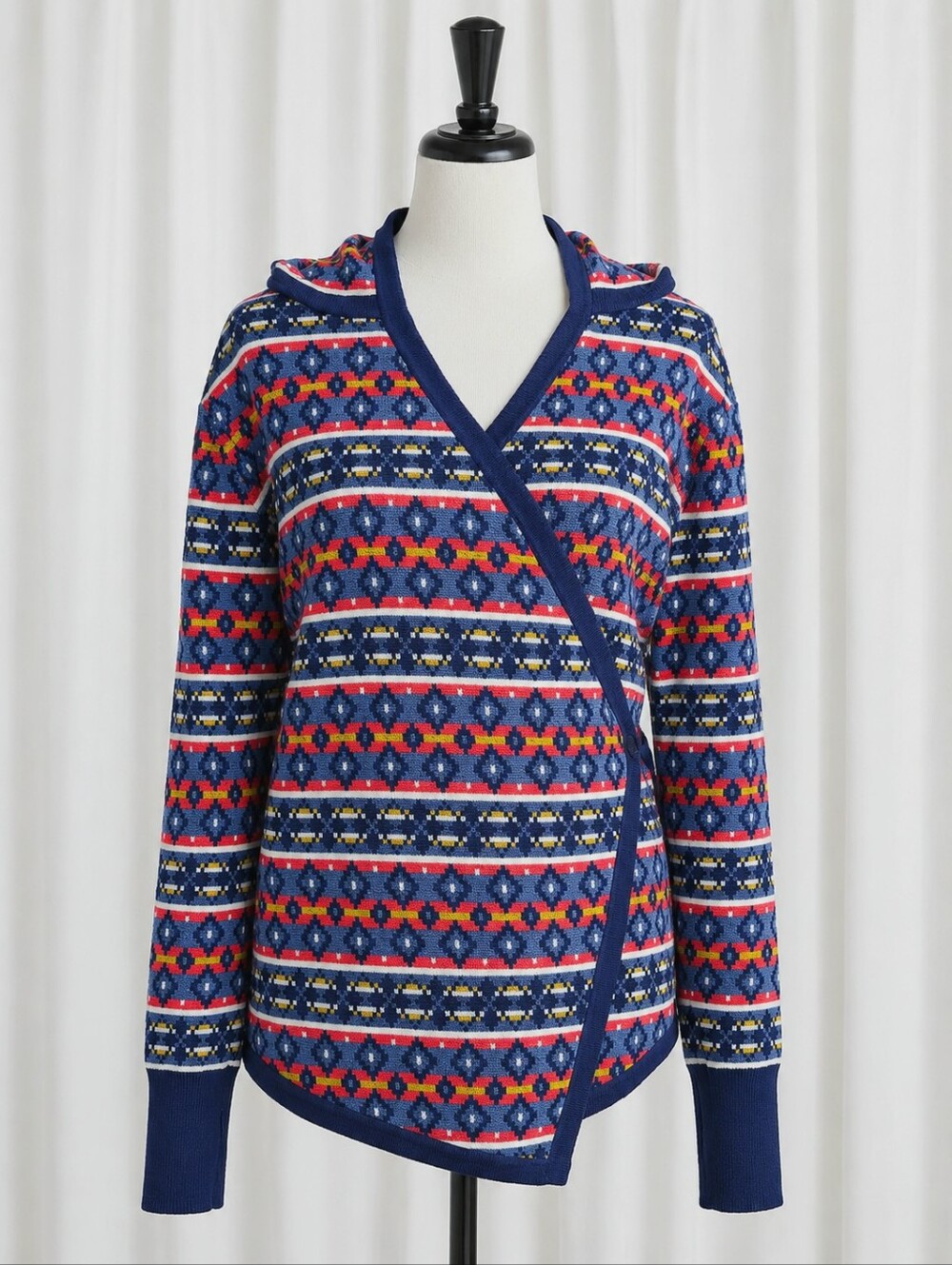 Betabrand Merino Wool Blend Colorful Geometric Strip Hooded Wrap Front Sweater